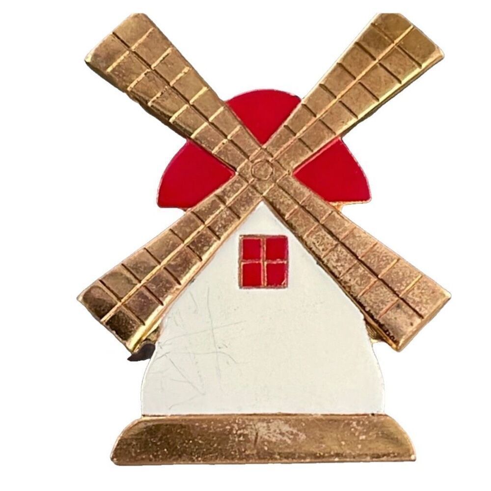 Vintage brass copper enamel windmill brooch.